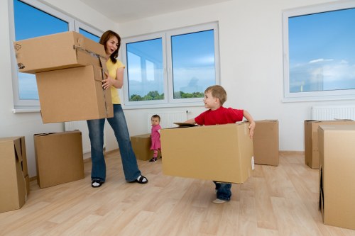 Packed boxes and wrapped furniture ready for transport