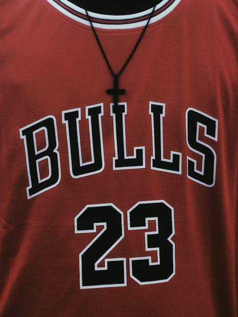 The image shows a close-up of a red sports jersey with the word 'BULLS' printed in bold white and black letters across the chest, and the number '23' below it. The jersey appears to be made of a lightweight, breathable fabric. Around the neckline, there is a black and white trim. The jersey is worn by a person who is also wearing a black necklace with a pendant hanging just below the collar. The background is not visible since the focus is solely on the front of the jersey. This attire could be associated with sports teams or athletic events, relevant to the context of house removals where sports equipment or apparel might be packed and transported. Man with Van Bulls Cross, a professional removals service, may handle items like sports jerseys during a furniture transport or packing process, especially during home relocations or same-day moving services in Bulls Cross.